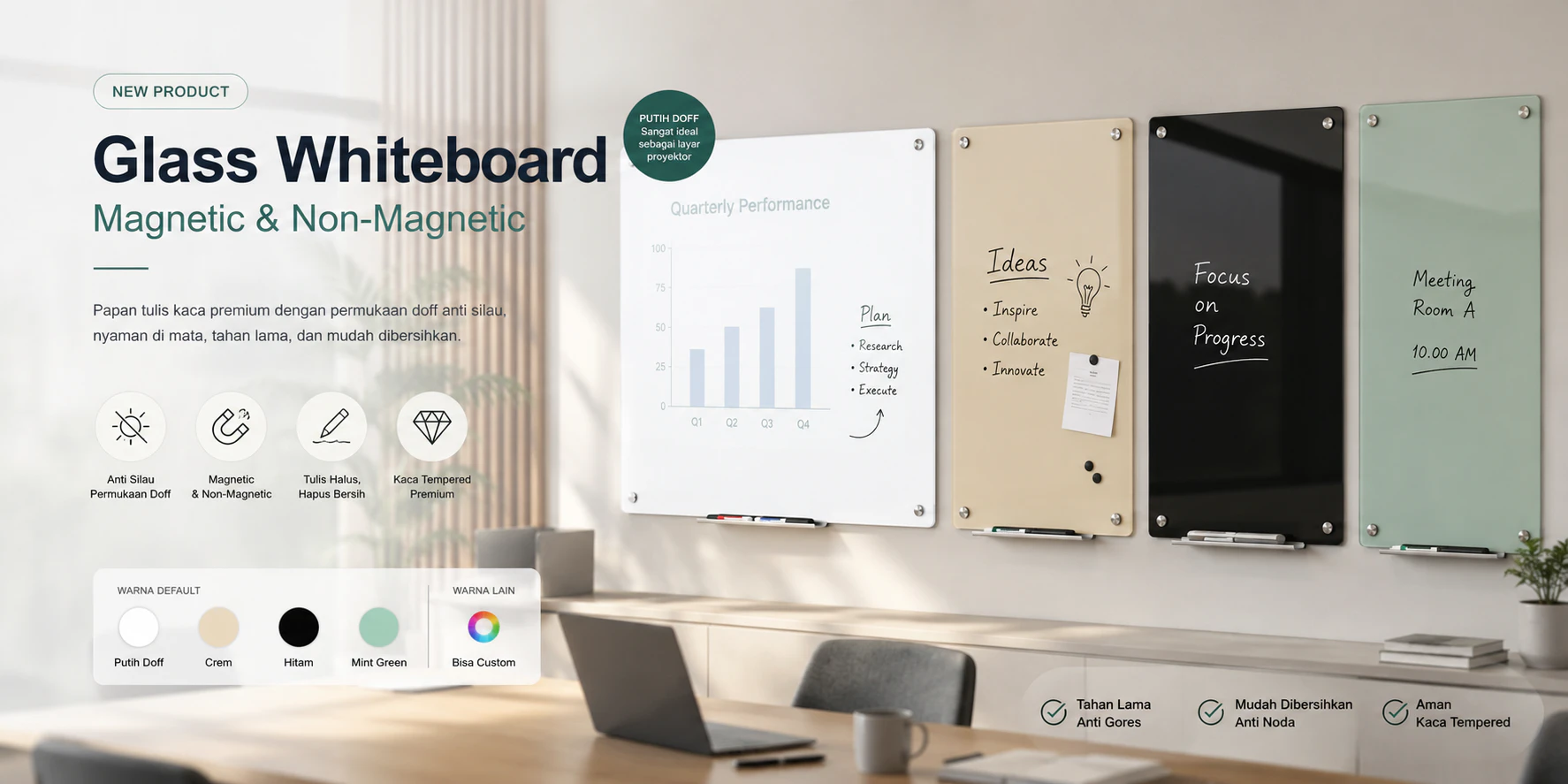 Papan Tulis Kaca Kagamira — Glass Whiteboard magnetic & non-magnetic, finishing doff anti silau, warna putih, crem, hitam, mint green, dan custom